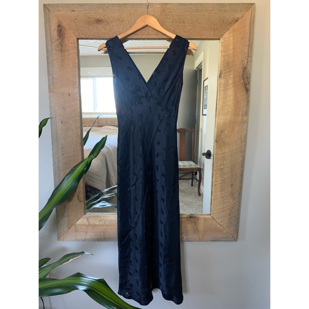 Vintage Dark Blue Floral Long Satin Nightgown - Picture 7 of 8